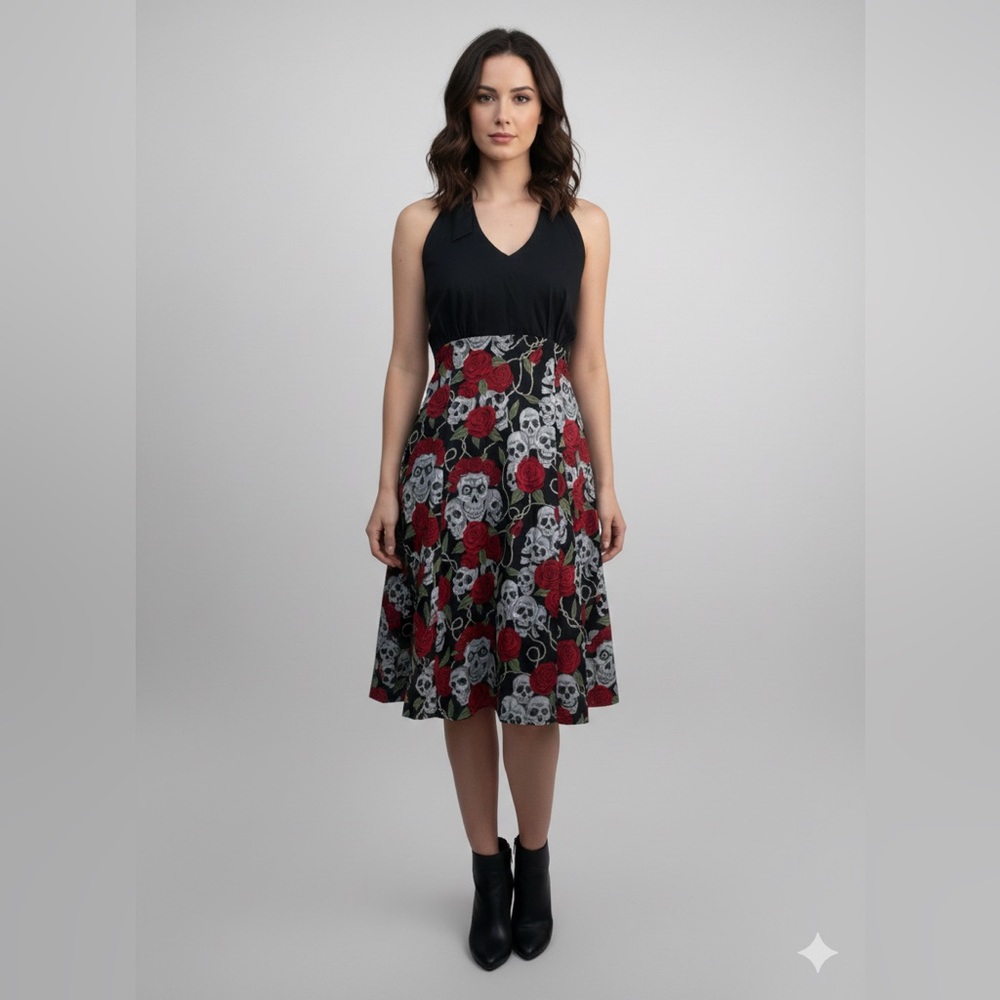 Black and Red Halter Dress with Skull and Rose Print